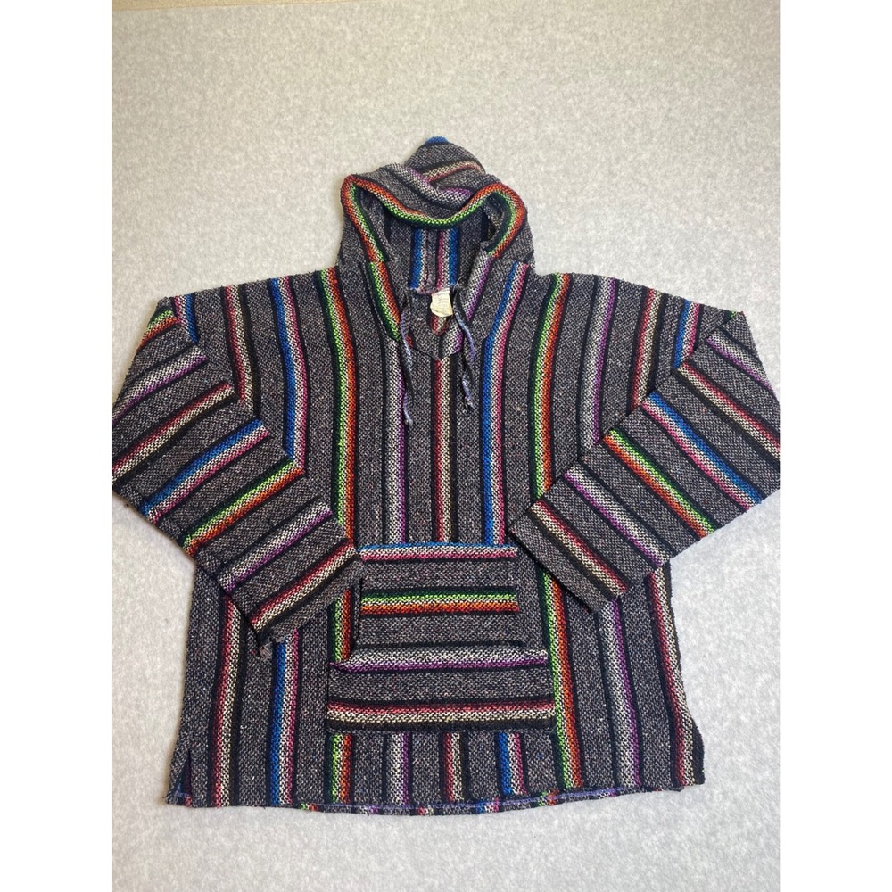 Chavitos Mexican Baja Hoodie XL Grey Rainbow Stripe Woven Pullover Poncho